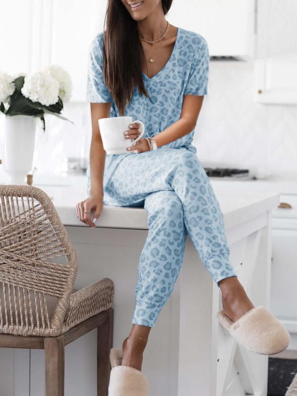 Women's Leopard Print Loungewear Set, Casual V Neck Tee & Drawstring Waist Pants Lounge Set, Chic Style Womenswear, Pajama Sets Women, Comfortable Sleepwear Co-ord Set for Fall