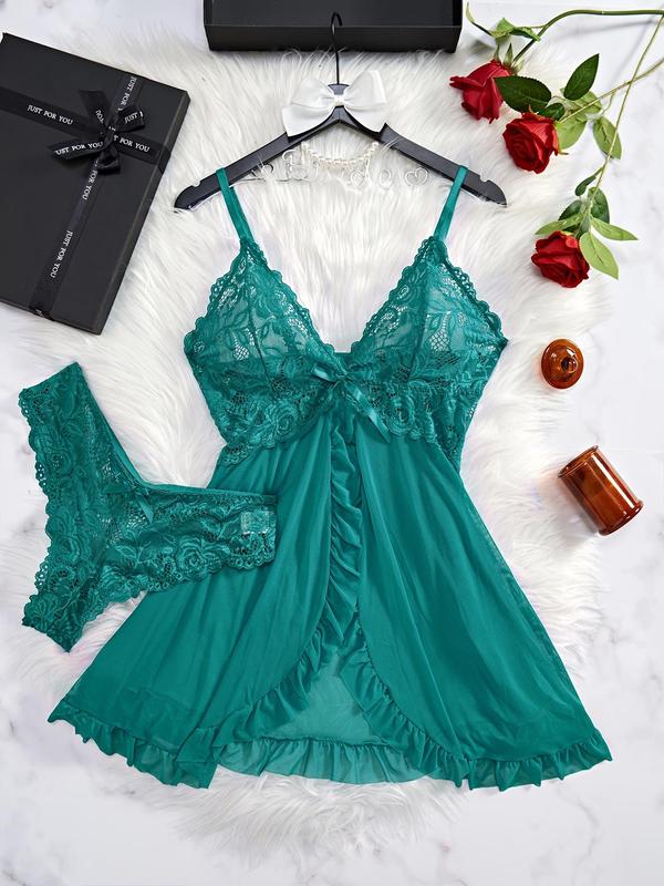 Women's Bow Decor Wrap Sheer Lace Ruffle Trim Cami Nightdress & Thong Sexy Lingerie Set, Adjustable Spaghetti Strap Cut Out Contrast Mesh Nighty Dress & Thong Set, Fall Clothes, Ladies Sleepwear Set for All Seasons