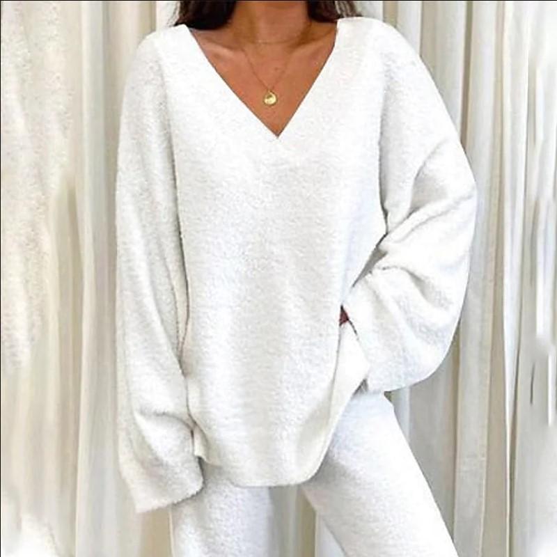 2024 Winter Comfortable Solid Color V-neck Casual Daily Home Warm Two-Piece Suit Loungewear Pajama