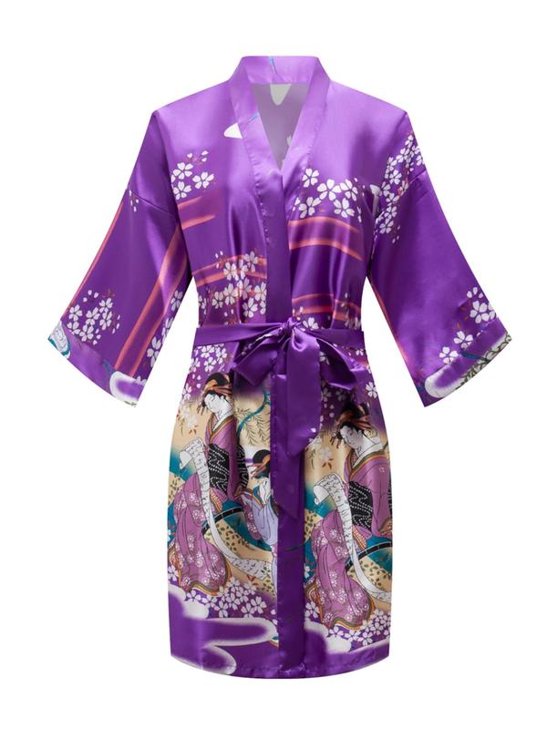 Women's Japanese Figure & Floral Print Belted Satin Kimono Robe, Casual 3 4 Sleeve V Neck Dressing Gown, Ladies Loungewear for All Seasons, Girly Night Clothes