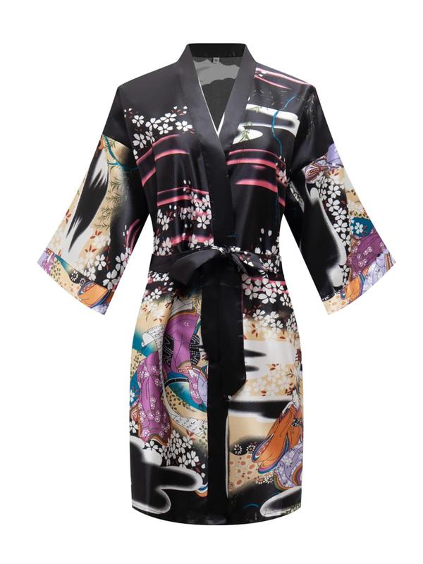 Women's Japanese Figure & Floral Print Belted Satin Kimono Robe, Casual 3 4 Sleeve V Neck Dressing Gown, Ladies Loungewear for All Seasons, Girly Night Clothes