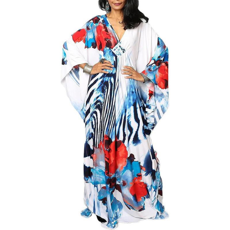 Bsubseach Women Ethnic Print Kaftan Dress ，All Over Print  Sleeve TunicDress, Boho Casual V Neck 3 4 Sleeve TunicDress for Women, Women's Plus  size Cover Up,Mrs. Roper Kaftan ，bubu，mumu，Casual Womenswear