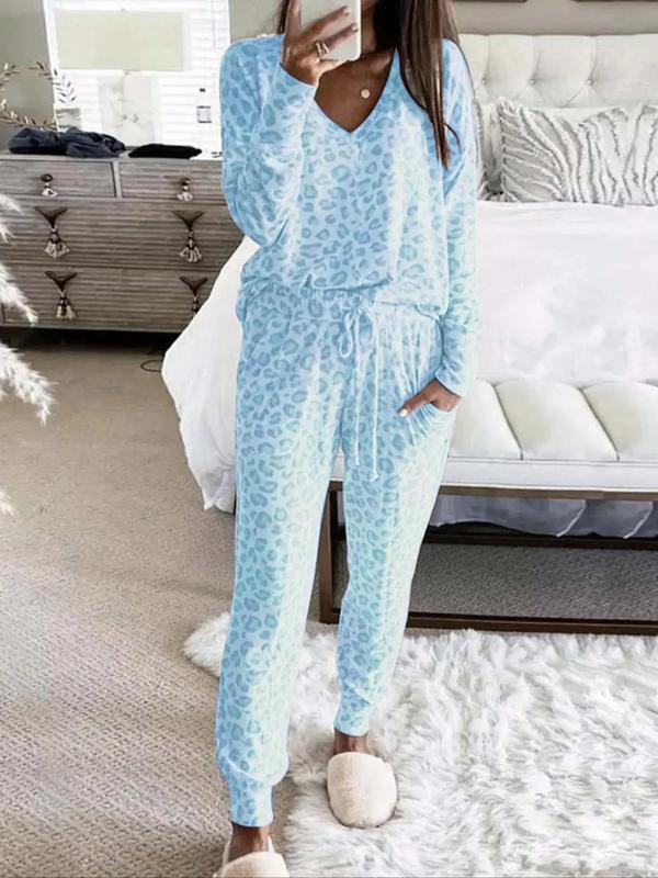 Women's Leopard Print Loungewear Set, Casual V Neck Tee & Drawstring Waist Pants Lounge Set, Chic Style Womenswear, Pajama Sets Women, Comfortable Sleepwear Co-ord Set for Fall