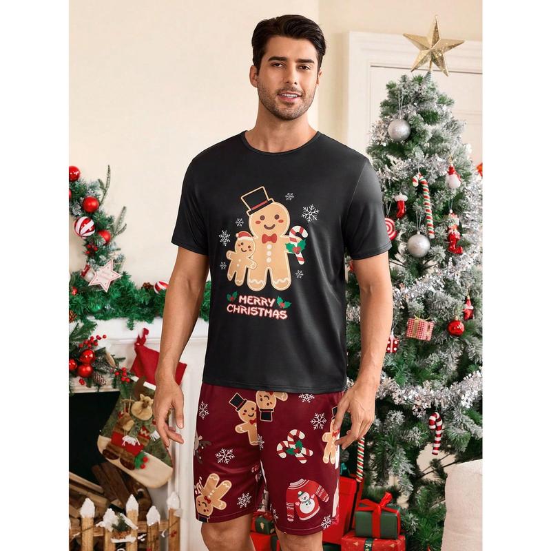 Shein CoupledUp 2pcs Men's Christmas Theme Printed Crew Neck Tee And Shorts Pajama Set Men's Fleece Fabric Pants