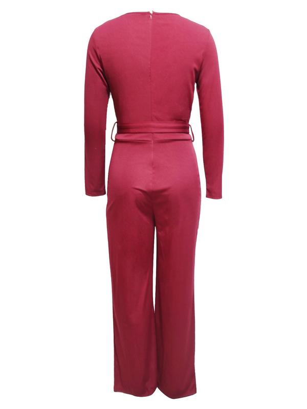 Women's Plain Wrap Straight Leg Jumpsuit, Trendy Belted V Neck Jumpsuit for Summer, Chic One-piece Outfits for Lady Spring & Fall Work Office Wear