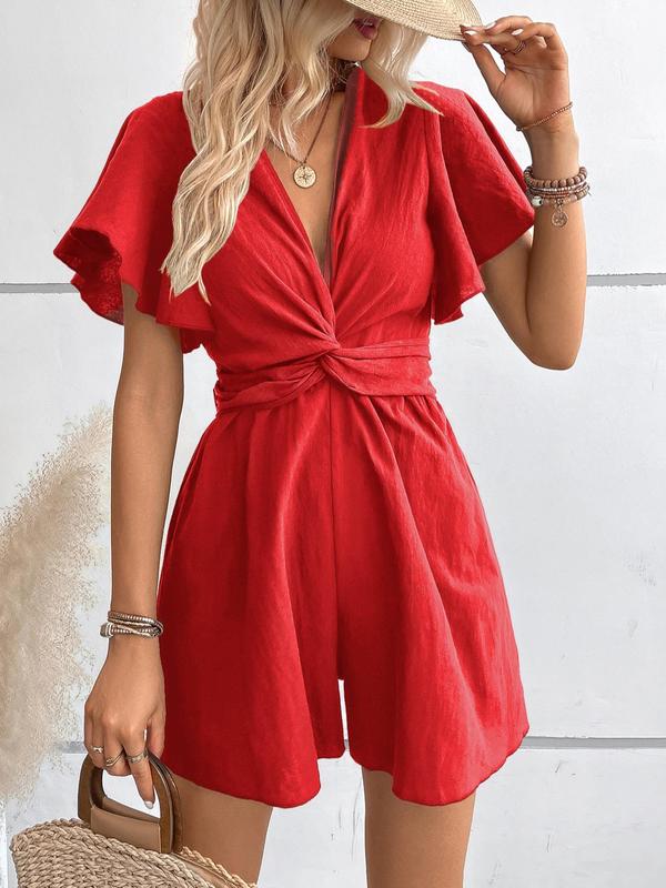 Women's Twist Butterfly Sleeve Romper, Casual V Neck Wide Leg Jumpsuit,  Rompers for Women, Ladies Summer Clothes for Daily Wear