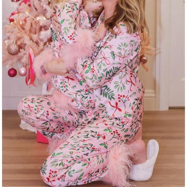 Joviecrown Silky Mommy and Me Christmas Pajamas Set Feather Trim Long Sleeve Button Down Matching Xmas Sleepwear for Mother Daughter family costume loungewear pjs loosewear Soft Womenswear Suits Comfort Comfy Print Clothing