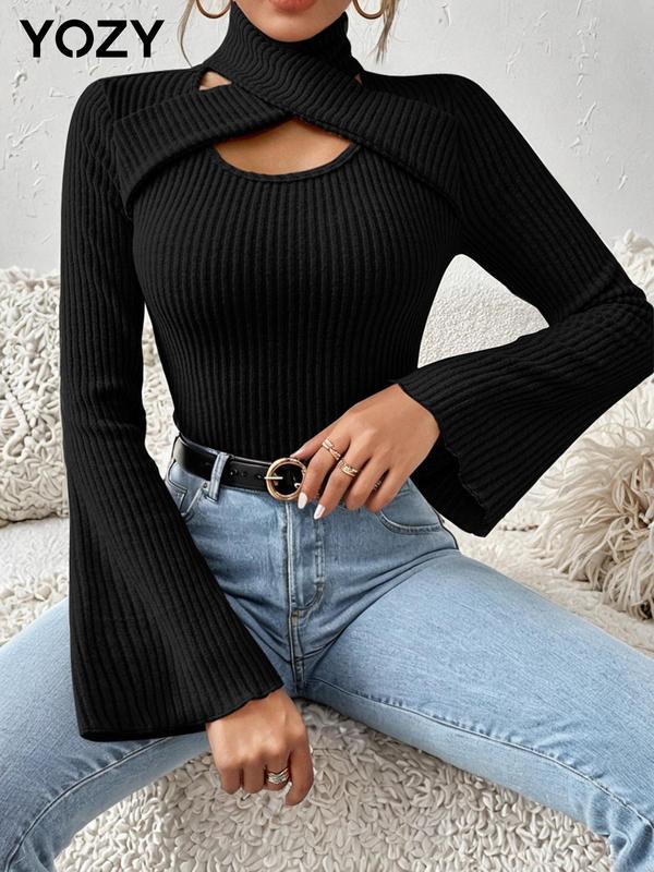 YOZY Women's Plain Cut Out Flounce Sleeve Ribbed Tee, Casual Long Sleeve High Neck T-shirt for Fall & Winter, Women's Clothing for Daily Wear