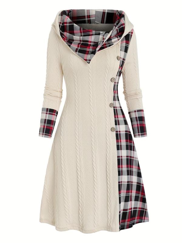 Women's Plaid Patchwork Print Button Front Hooded Cape Dress, Casual Long Sleeve A Line Dress for Fall & Winter, Women's Clothing for Daily Wear