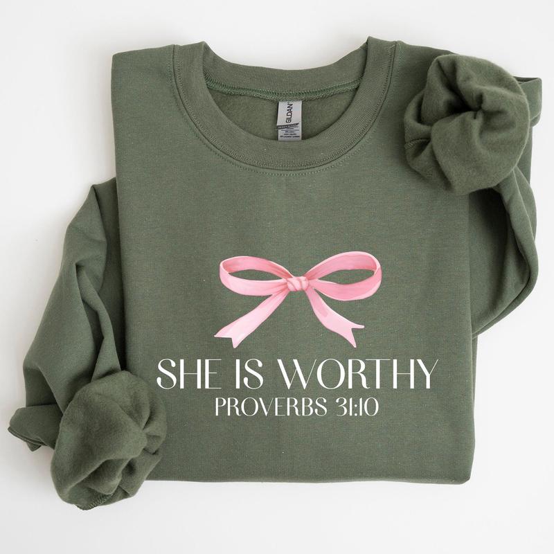 She Is Worthy, Bible Verse, Christmas, Bow, Pink, Proverbs, Soft Girl Era Sweatshirt, Women's Crew Neck, Crewneck