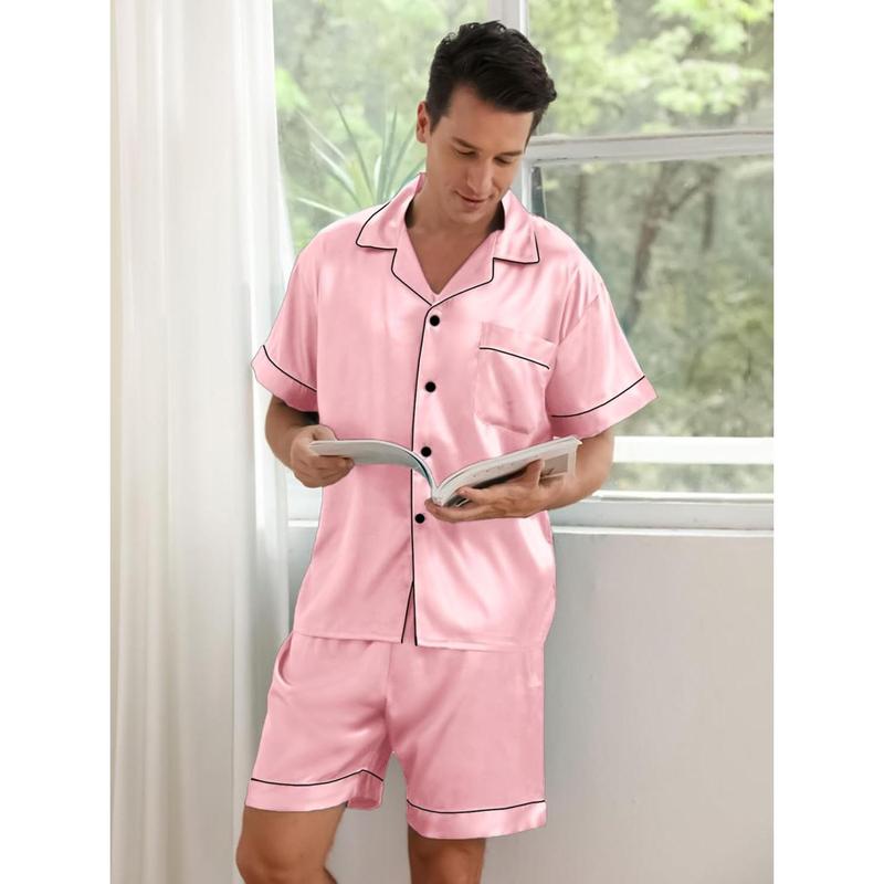 Matching Family Silk Pajamas Set Button Down Loungewear 2count Top and Shorts Pjs for Couples with Pocket