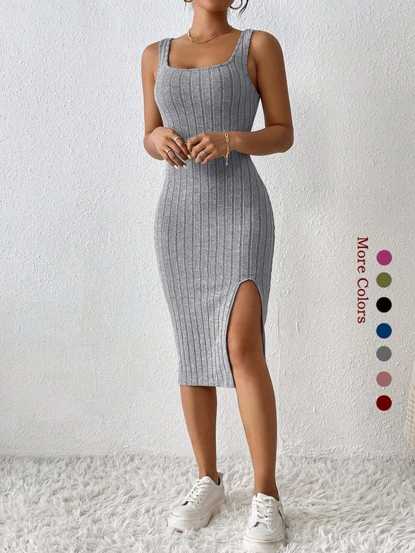 Women's Plain Split Thigh Square Neck Ribbed Bodycon Tank Dress, Casual Sleeveless Midi Dress for Summer, Women's Clothing for Daily Wear