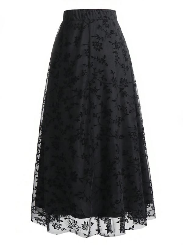 Women's Floral Embroidery Contrast Mesh A Line Skirt, Elegant High Waist Midi Skirt for Party Holiday Wedding Guest, Ladies Bottoms for All Seasons Long Skirt