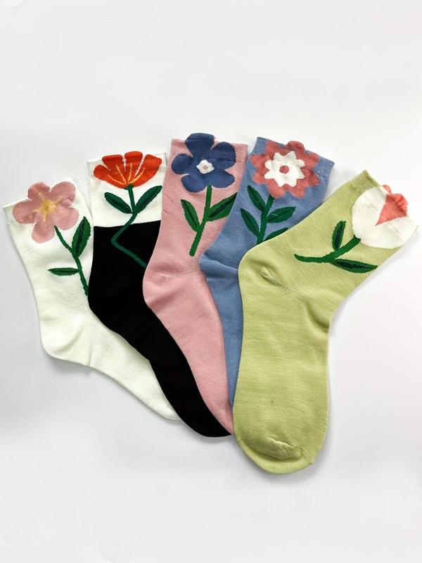 Women's 5 Pairs Floral Print Crew Socks, Fashion Casual Comfy Socks for Daily Outdoor Wear, Ladies Socks for All Seasons