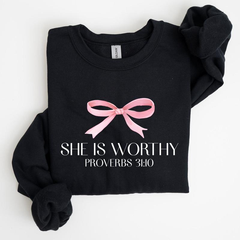 She Is Worthy, Bible Verse, Christmas, Bow, Pink, Proverbs, Soft Girl Era Sweatshirt, Women's Crew Neck, Crewneck