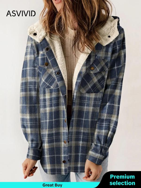 Women's Plaid Print Button Front Hooded Coat, Casual Mufti Clothes, Long Sleeve Pocket Coat for Fall, Ladies Outerwear for Daily Wear, Fall Outfits