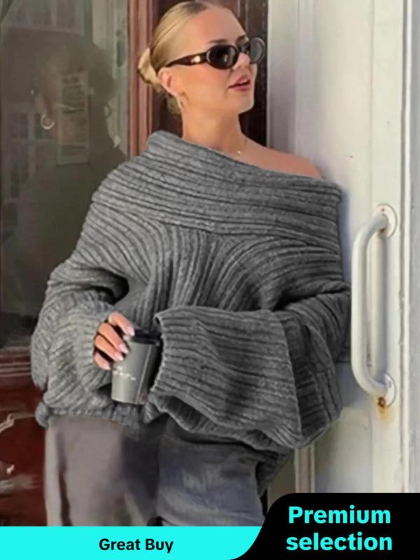 Women's Solid Off Shoulder  Ribbed Sweater, Casual Drop Shoulder Long Sleeve Jumper for Fall & Winter, Fashion Ladies' Knitwear for Daily Wear