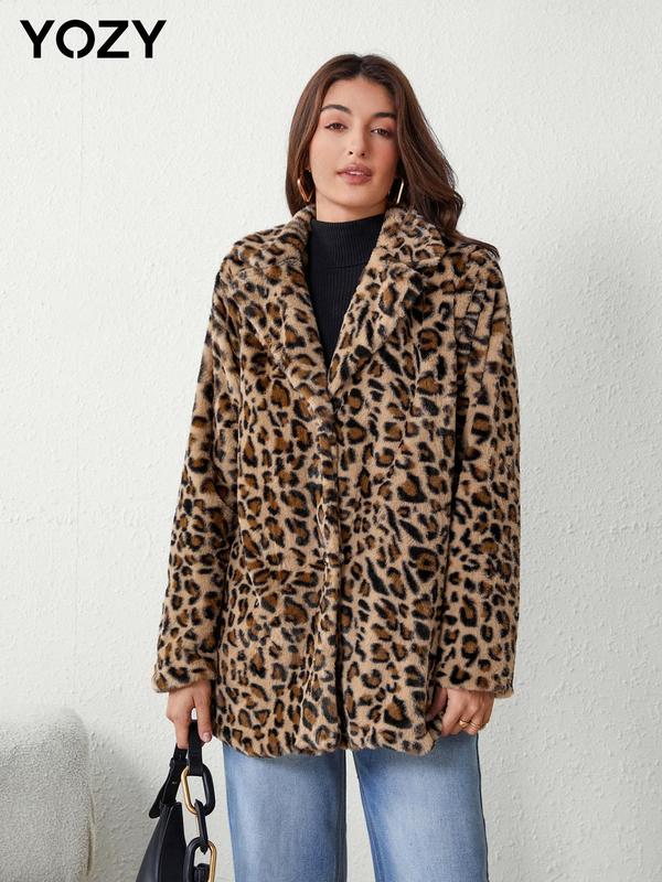 YOZY Women's Leopard Print Button Front Lapel Neck Coat Jackets, Elegant Long Sleeve Outerwear for Fall & Winter, Ladies Clothes for Daily， Black Friday Haul Wear