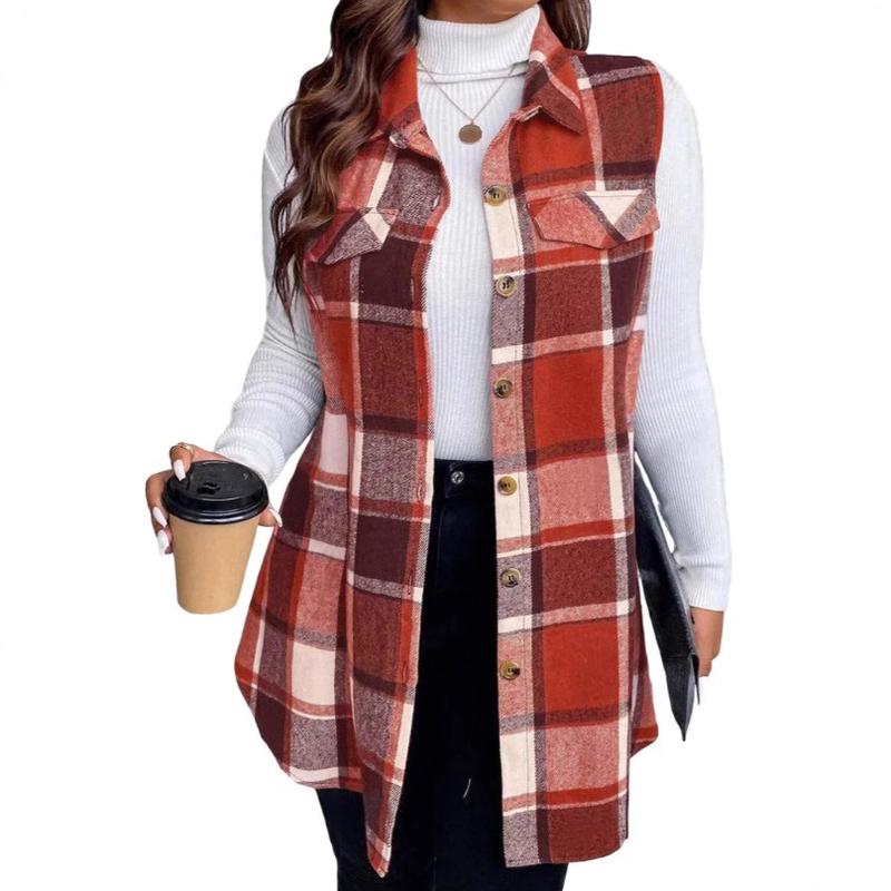 Autumn and Winter New Women's Clothing Fashion Plaid Sleeveless Lapel Side Pocket Shirt Vest Womenswear Tops