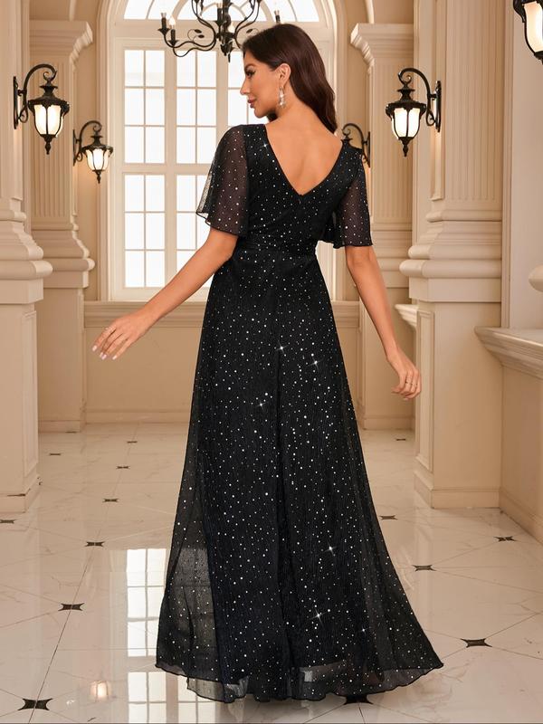 Vintage Women's Glitter Butterfly Sleeve Wrap V Neck Evening Dress, Elegant Formal Wear, Short Sleeve A Line Maxi Dress for Party Banquet Prom, Ladies's Clothes for All Seasons