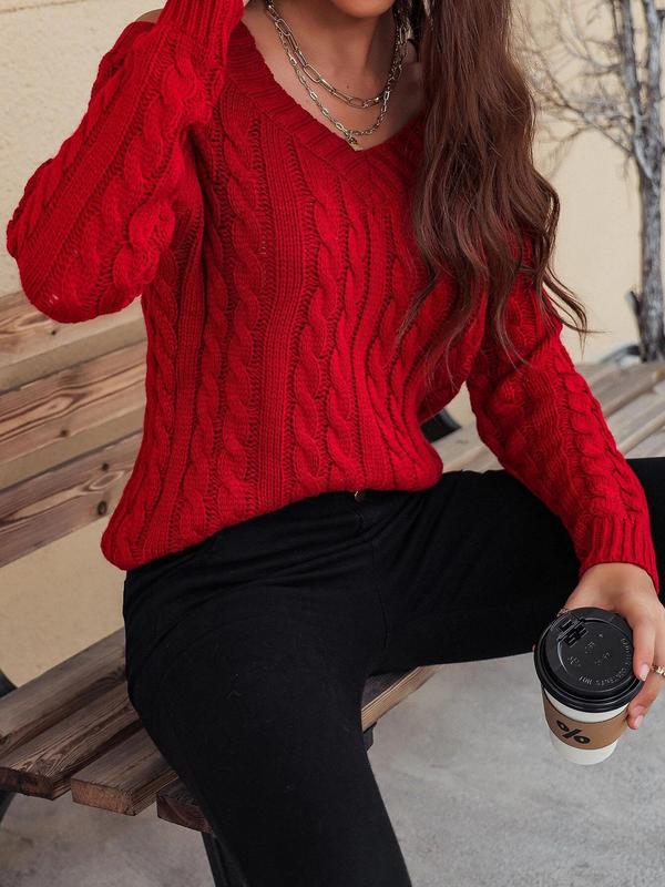 Women's Plain Cold Shoulder Cable Knit Sweater, Casual Long Sleeve Jumper for Fall & Winter, Fashion Ladies' Knitwear for Daily Wear