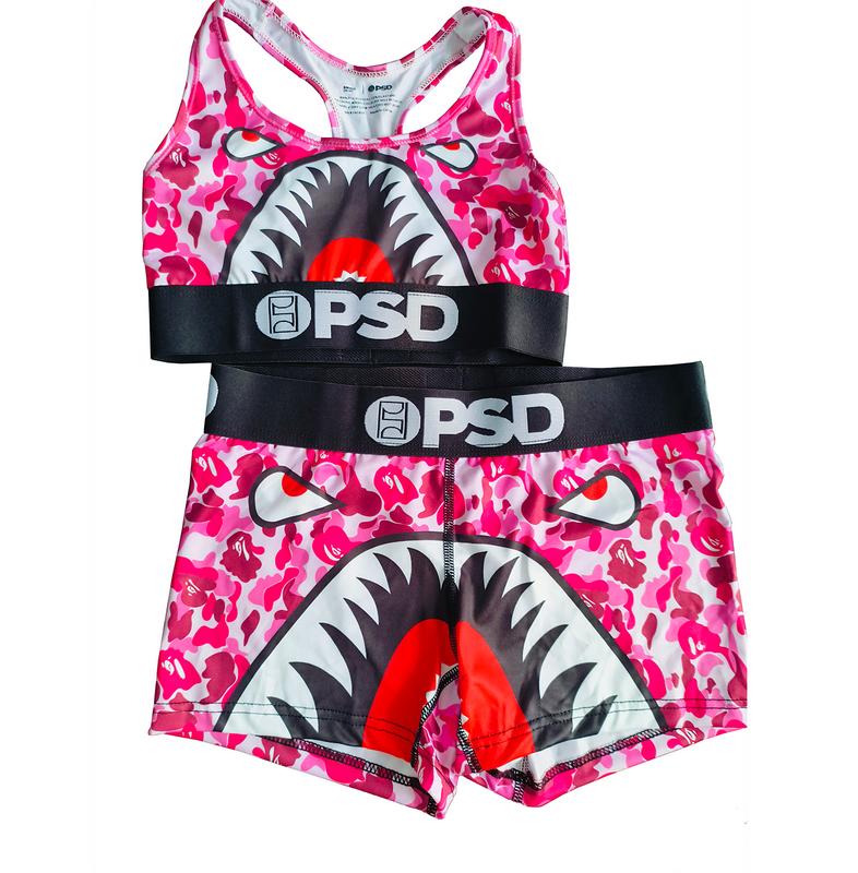 Sports fitness psd underwear set sexy unique fashion shark pattern shorts ladies comfortable breathable top underwear Fabric Womenswear