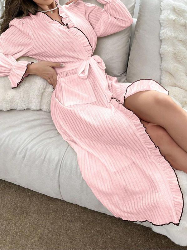 Women's Contrast Binding Belted Ruffle Trim Lounge Robe, Elegant Contrast Binding Flounce Sleeve Ribbed Dressing Gown, Ladies Sleepwear for Fall & Winter