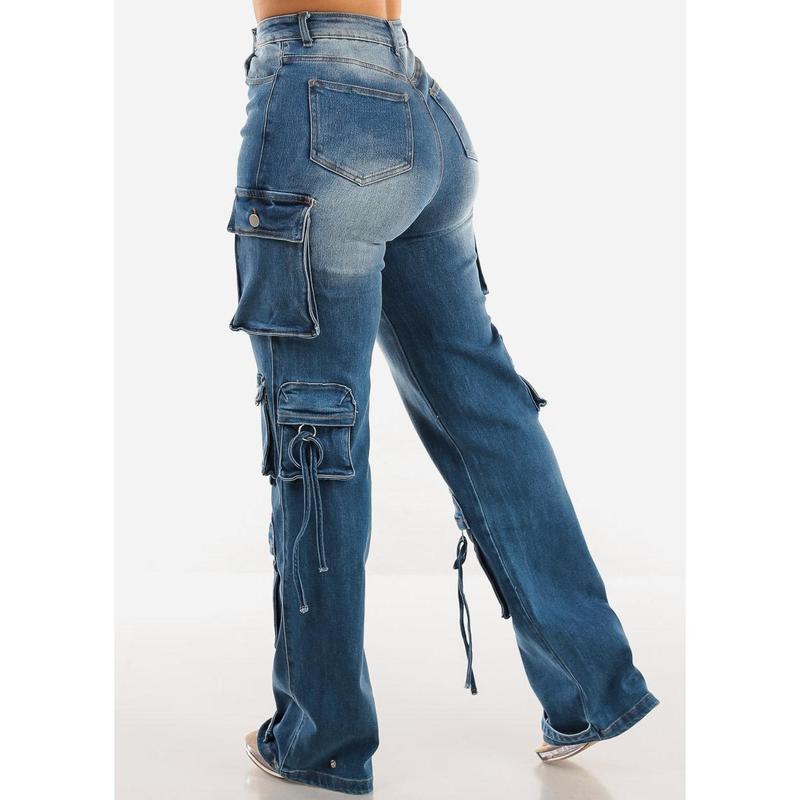 High Waisted Cargo Denim Jeans Med Wash