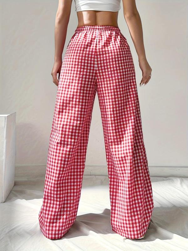 Women's Plaid Print Tie Front Wide Leg Pants, Casual Comfy Elastic Waist Pocket Trousers for Daily Wear, Ladies Bottoms for All Seasons,  Comfy Pants