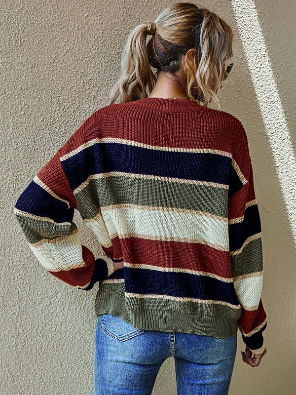  Patchwork Print Drop Shoulder Sweater, Casual Long Sleeve Round Neck Jumper for Fall & Winter, Women's Clothing for Daily Wear