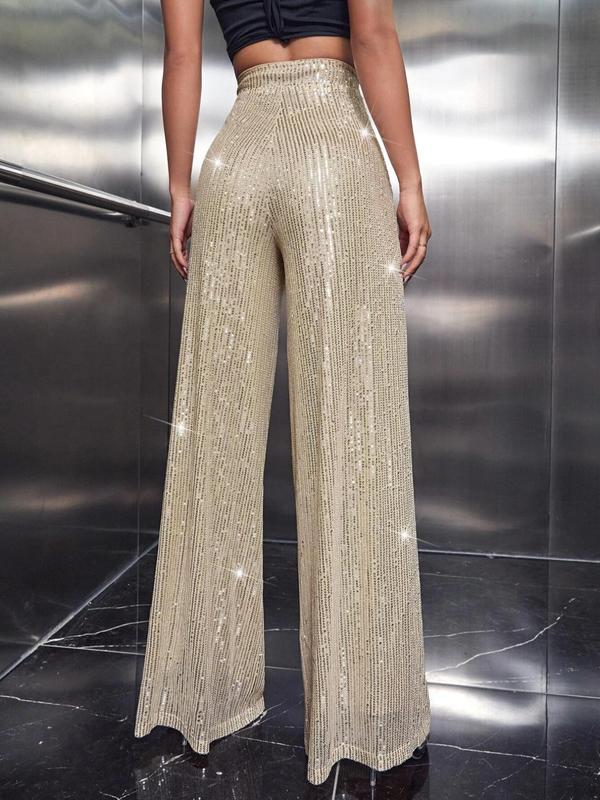 Women's Glittering High Waist Wide Leg Pants, Elegant Sequin Trousers for Party Club Music Festival Daily Wear, Ladies Bottoms for All Seasons