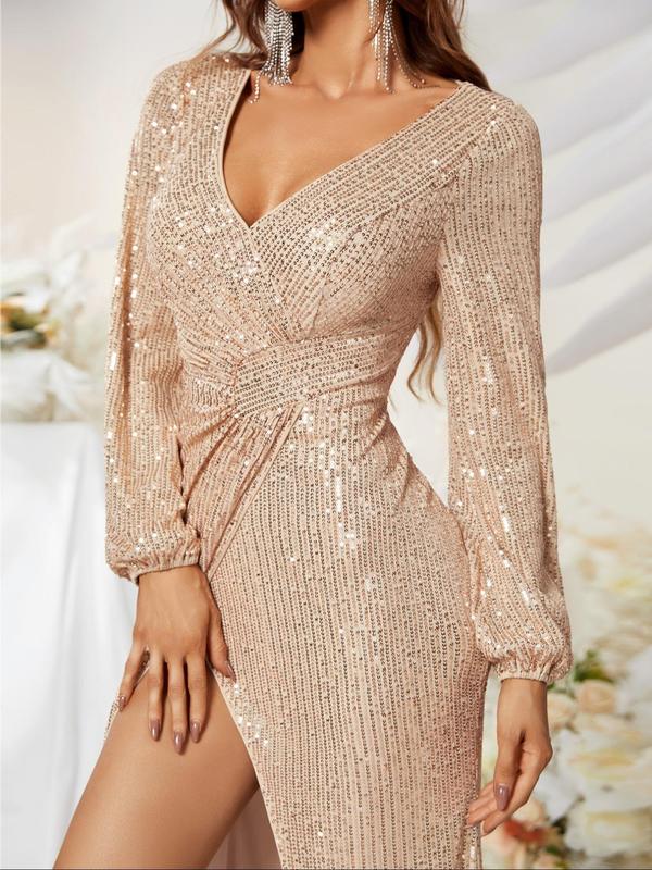 Women's Glitter Sequin Deep V Neck Split Thigh Evening Dress, Elegant Bishop Sleeve Zipper Back Maxi Dress for Party & Banquet, Ladies' Clothes for All Seasons