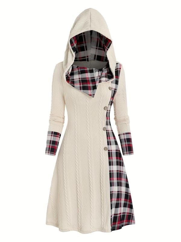 Women's Plaid Patchwork Print Button Front Hooded Cape Dress, Casual Long Sleeve A Line Dress for Fall & Winter, Women's Clothing for Daily Wear