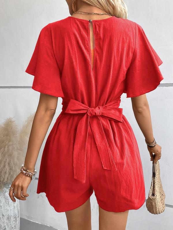 Women's Twist Butterfly Sleeve Romper, Casual V Neck Wide Leg Jumpsuit,  Rompers for Women, Ladies Summer Clothes for Daily Wear