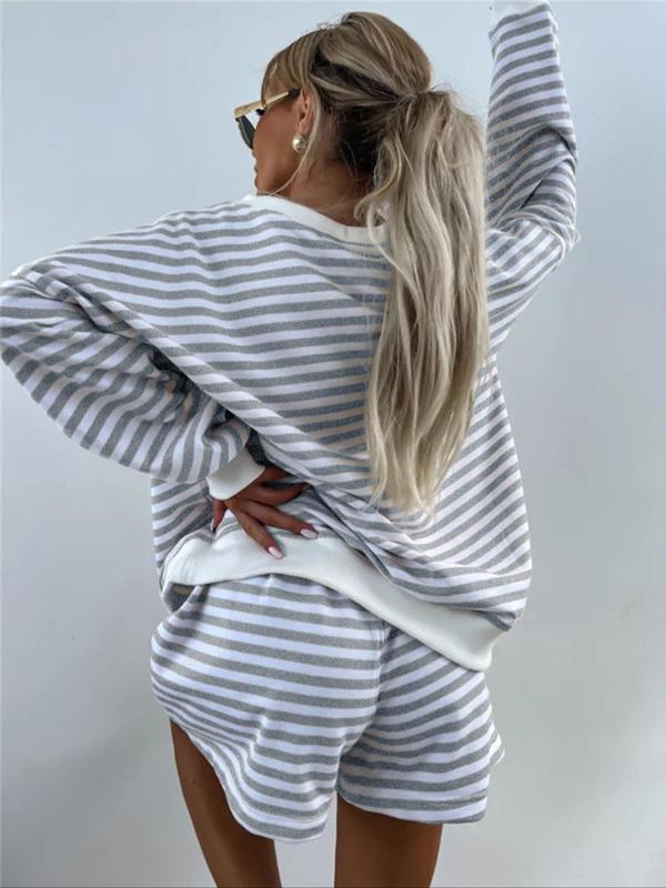 Women's Striped Print Drop Shoulder Tee & Elastic Waist Shorts Two-piece Set, Casual Fashion Cozy Breathable Two Piece Outfits for Daily Outdoor Wear, Women Clothes for Spring & Fall