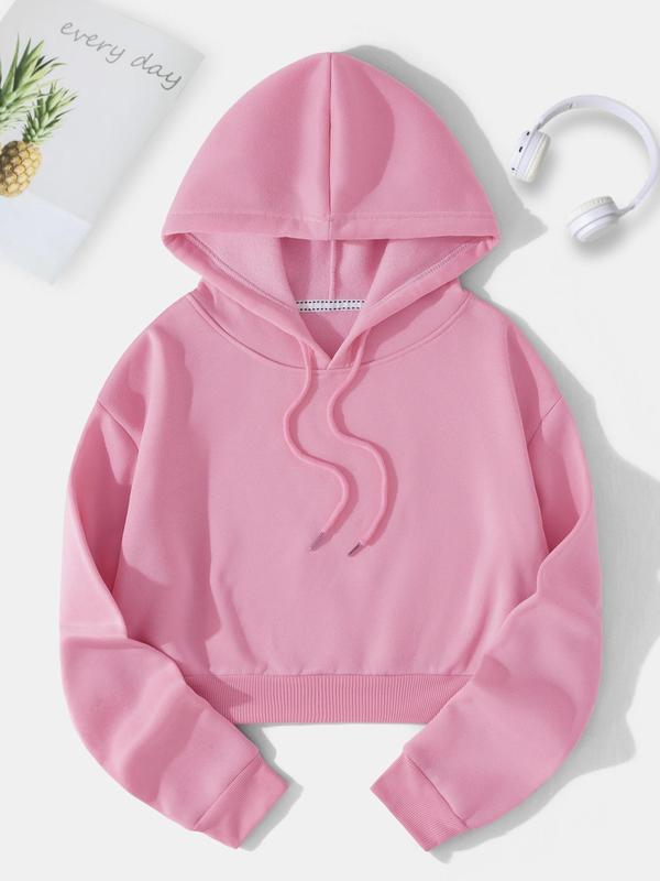 Women's Thermal Lined Plain Drawstring Drop Shoulder Fleece Hoodie, Mean Girls Outfit, Long Sleeve Short Hooded Pullover, Comfort Womenswear Tops