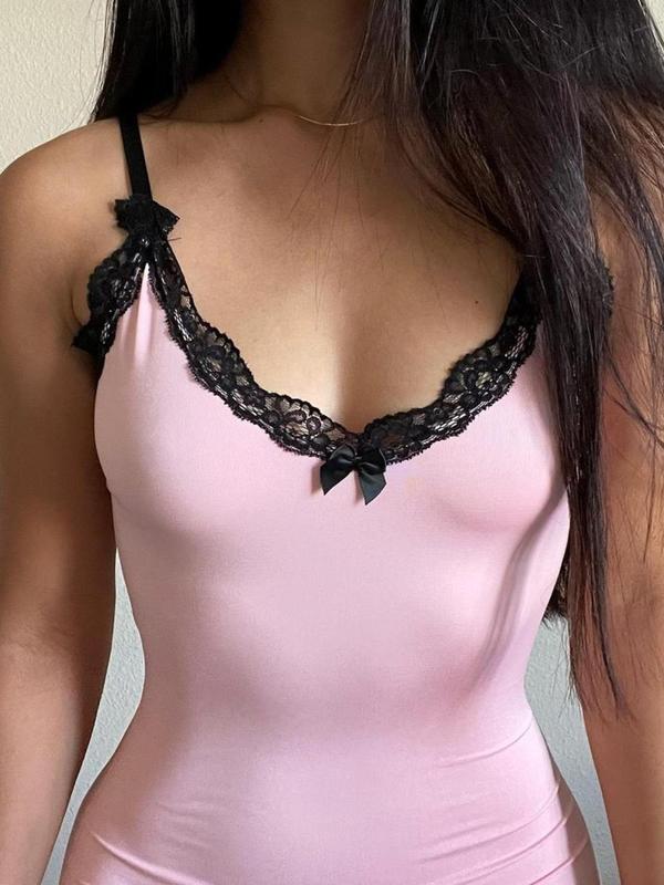 Women's Colorblock Contrast Lace Bow Decor Split Hem Cami Dress, Summer Clothes Women, Elegant Sleeveless Bodycon Mini Dress for Party Club Dating Wear, Ladies Summer Casual Wear Clothes