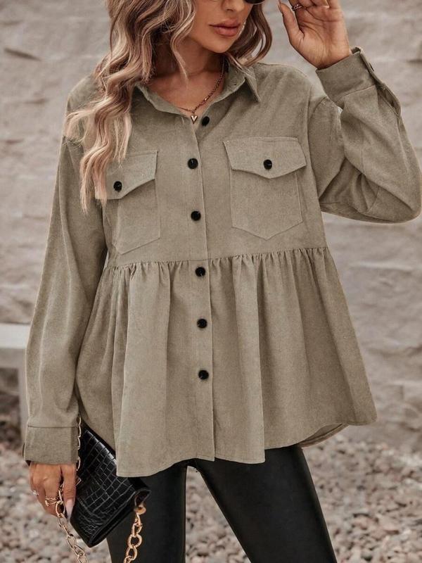 Plus Size Plain Flap Pocket Ruffle Hem Button Front Shirt, Casual Long Sleeve Collared Peplum Top for Fall & Winter, Fall Outfits, Women's Clothes for Daily Wear, Fall Womenswear Longsleeves