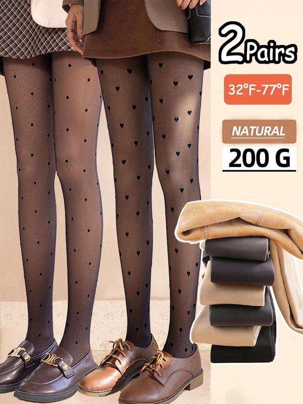 Women's Plain & Heart Polka Dot Print Thermal Lined Tights, Casual Comfy Warm Pantyhose for Fall & Winter, Women's Tights for Daily Wear