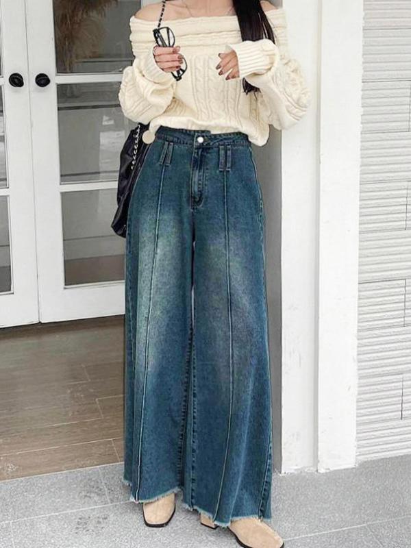 Women's Denim-effect Print Raw Hem Button Zipper Fly Straight Leg Pants, Casual Comfy Loose Natural Waist Trousers for Daily Wear, Ladies Bottoms for All Seasons, Pants for Women