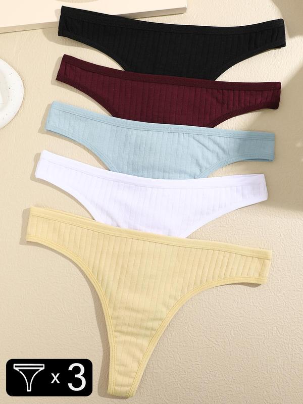 Women's Solid Color Ribbed Thong, Breathable Skin Friendly Panty for Daily Wear, Women's Underwear, Panties for Lady All Seasons, Panties for Women