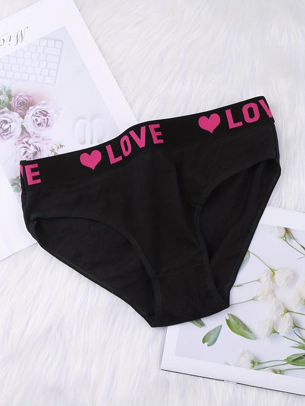  Letter & Heart Tape Waist Briefs, Soft Comfy Breathable High Waist Knicker for Daily Wear, Women's Underwear for All Seasons