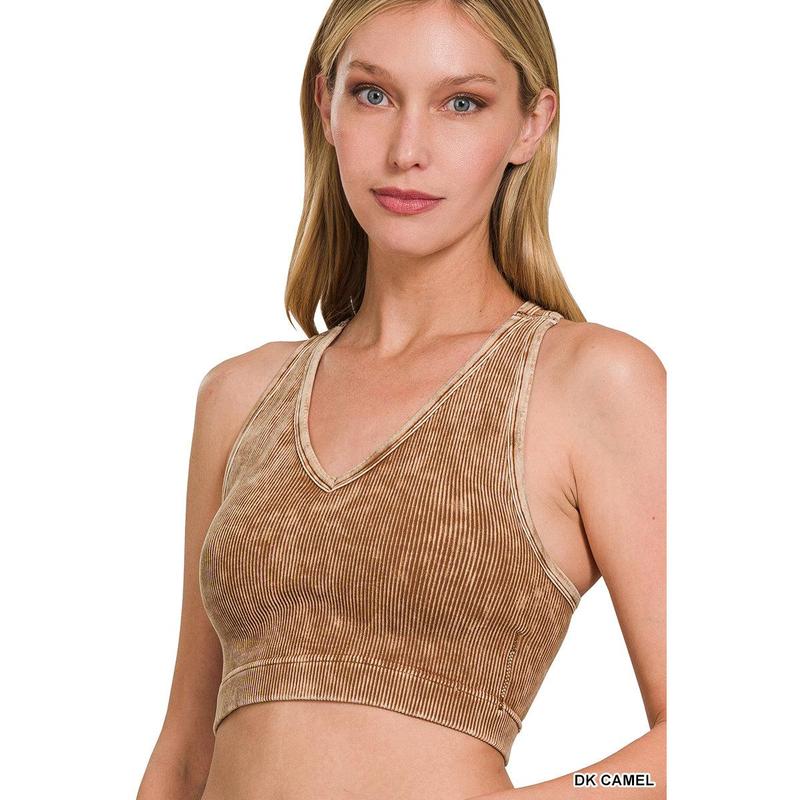 Ribbed Cropped Racerback Mineral Washed Tank Top Brami bralette with Removeable Pads by Zenana Style# 6144 Comfy Fabric