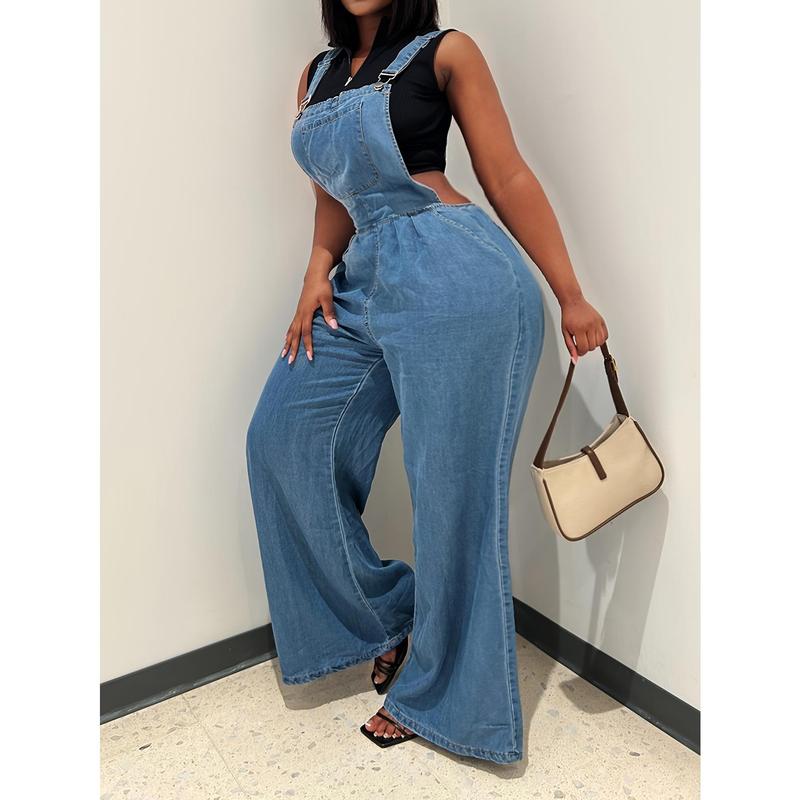 Women Fashion Denim Cargo Pants, Casual Wide Leg Jumpsuit, Adjustable Straps Sleeveless Jeans, Women Street Style Cargo Pants