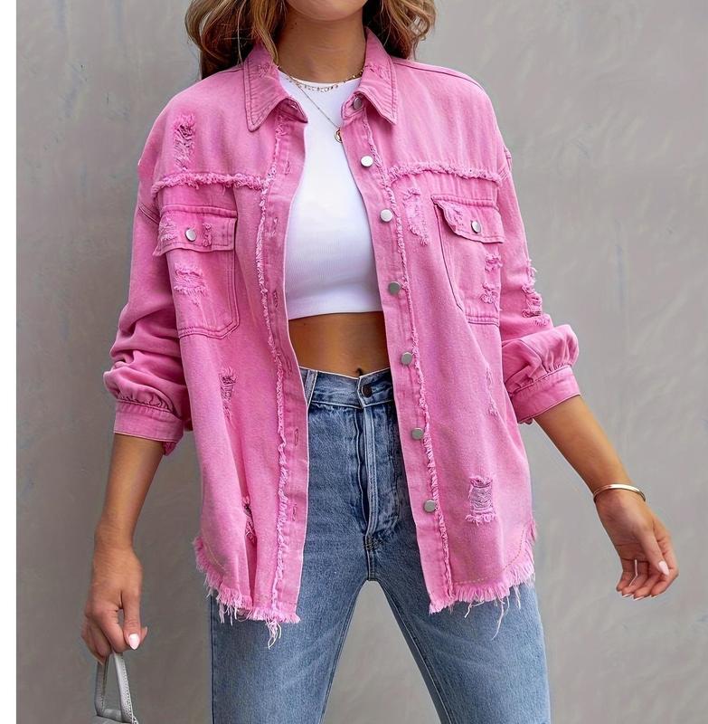 Women's Plain Button Front Ripped Coat Fit Tops Fashion Womenswear Comfortable Hipster Jackets sleeve pocket jacket casual long