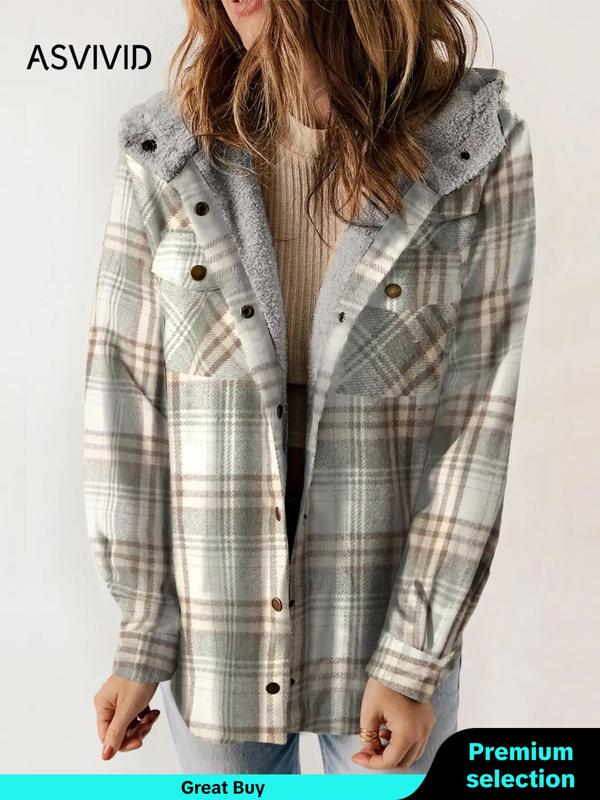 Women's Plaid Print Button Front Hooded Coat, Casual Mufti Clothes, Long Sleeve Pocket Coat for Fall, Ladies Outerwear for Daily Wear, Fall Outfits