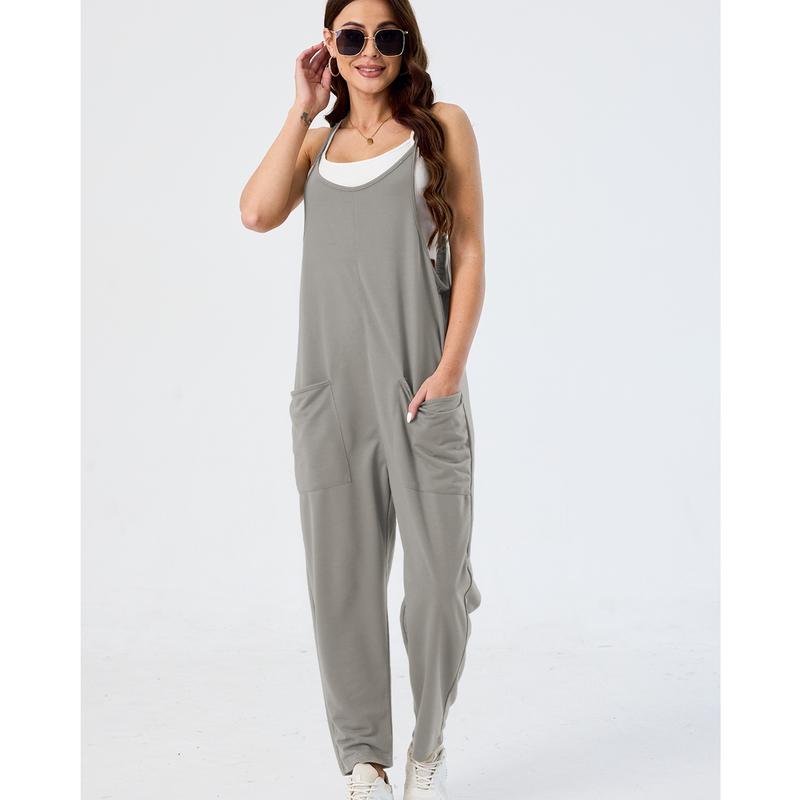 Hixiaohe Women's Casual V Neck Sleeveless Jumpsuits Baggy Straps Harem Long Pants Overalls With Pockets