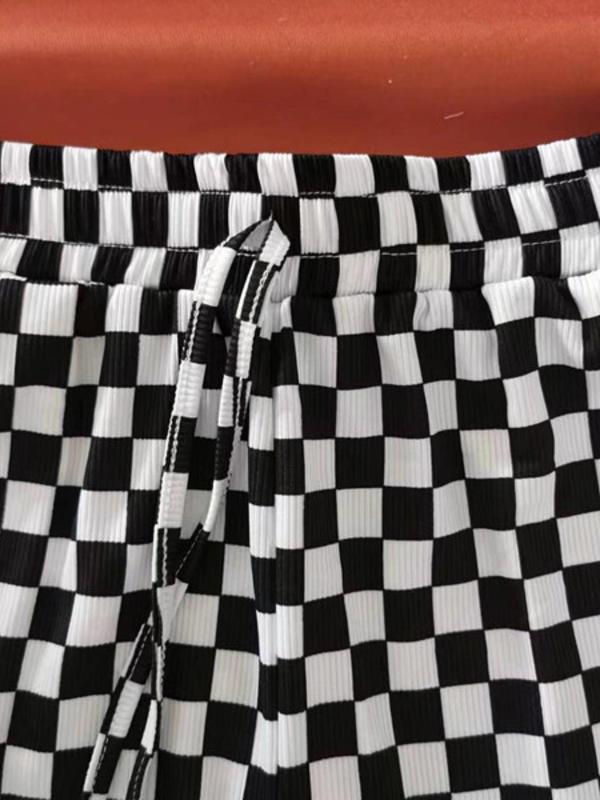 Women's All Over Checkerboard Print Drawstring Waist Straight Leg Pants, Casual Comfy High Waist Trousers for Daily Wear, Ladies Bottoms for All Seasons