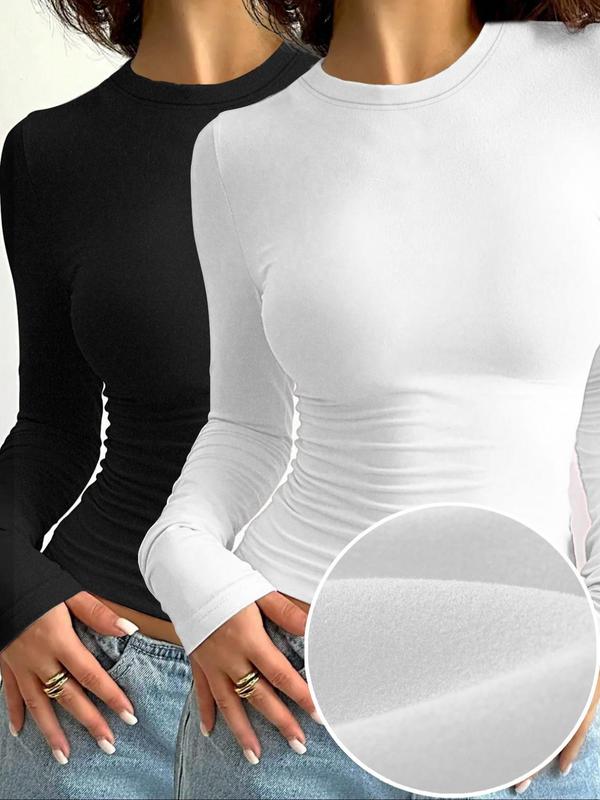 Women's Solid Color Long Sleeve Crew Neck Tee, Casual Basic T-shirt for Fall & Winter, Women's Top for Daily Wear