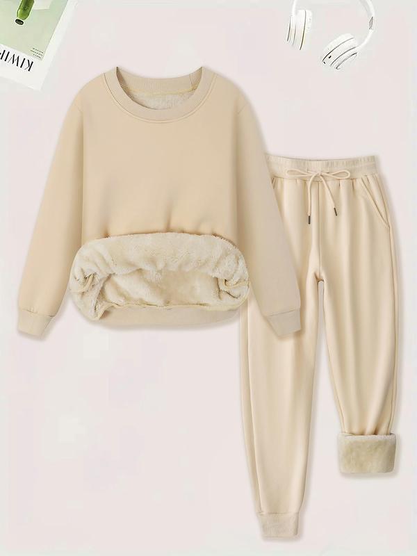 Women's Plain Plush Lined Sweatshirt & Drawstring Waist Sweatpants Two-piece Set,  Fall Sets Casual Round Neck Long Sleeve Pullover & Pocket Jogger Pants, Women's Two-piece Outfits for Winter, Downtown Girl Clothes